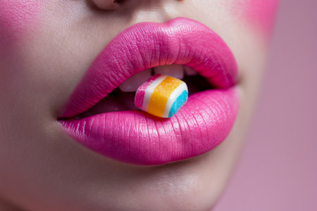 AI Generative Bright Female Lips pink On Background, Fantasy vogue Fashion Portrait Of Part Faceの素材