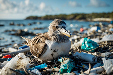 AI Generative Seabird gulls entangled fishing net, environmental pollution dump, damage to animalsの素材