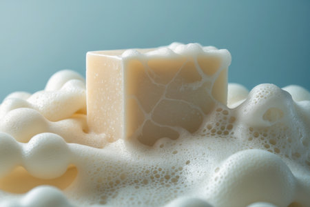 AI Generative Bar piece natural organic aromatic cosmetic handmade soap in foam on blue backgroundの素材