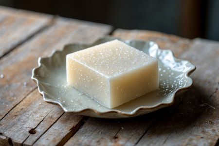 AI Generative Bar piece natural organic aromatic cosmetic handmade soap on plate on wood backgroundの素材
