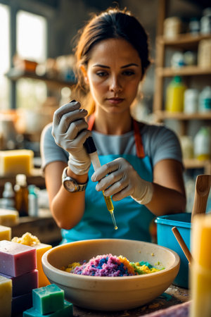 AI Generative Woman soap maker makes handmade natural organic aromatic cosmetic bar piece foamの素材