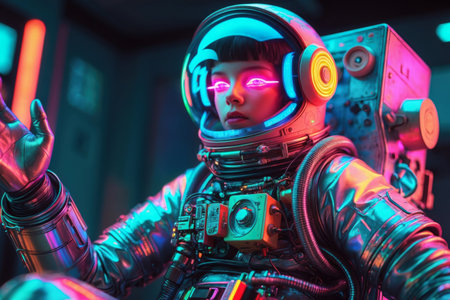 AI Generative Woman humanoid in futuristic neon suit, person on future sci-fi tomorrow backgroundの素材
