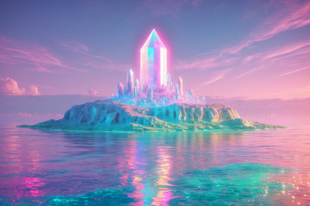 AI Generative Landscape fantasy large tall crystals futurism in space planet cyber discoveryの素材