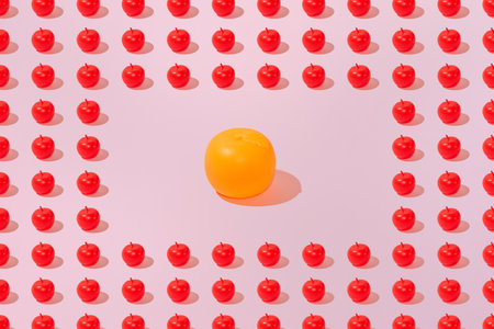 Creative abstract summer apple and orange pattern flat lay on pastel pink background minimalismの写真素材
