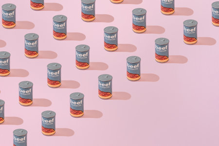 Creative Pattern Canned Beef can flat lay on pastel pink background minimalism style with copy space for textの写真素材