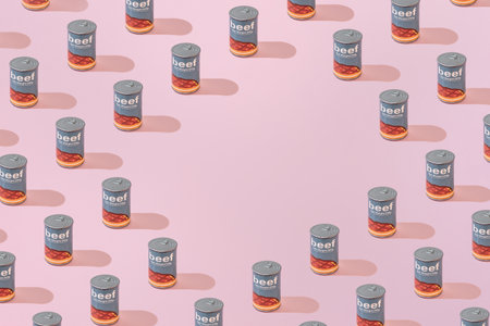 Creative Pattern Canned Beef can flat lay on pastel pink background minimalism style with copy space...