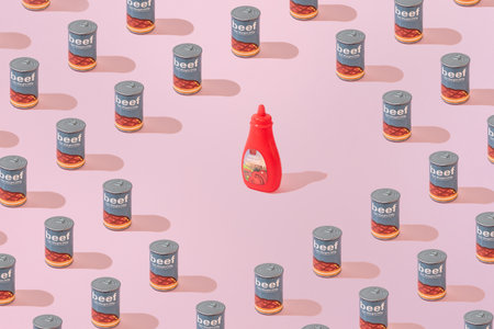 Creative Pattern Canned Beef can and ketchup flat lay on pastel pink background minimalism styleの写真素材