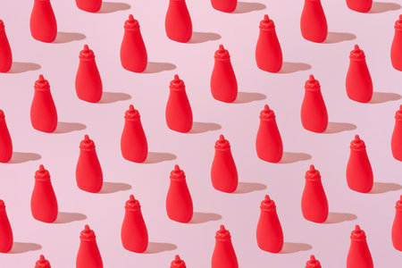 Creative tomato ketchup barbecue sauce abstract pattern flat lay on pastel pink background...