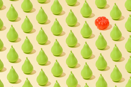 Creative abstract summer pear and tomato pattern flat lay on pastel yellow background minimalism