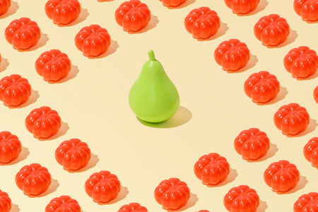 Creative summer abstract tomato and pear pattern flat lay on pastel yellow background minimalism
