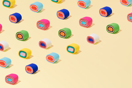 Creative abstract sushi rolls pattern flat lay on pastel yellow background minimalism with copy...