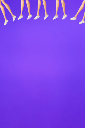 Creative abstract fashion doll legs with shoes flat lay on pastel violet background minimalism