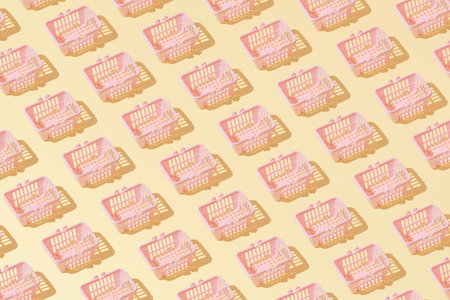 Creative abstract abstract grocery basket cart pattern flat lay on pastel yellow background...