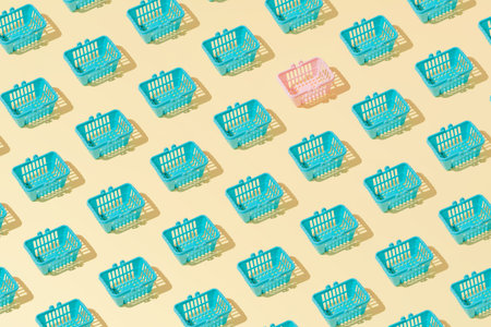 Creative abstract abstract grocery basket cart pattern flat lay on pastel yellow background minimalismの写真素材