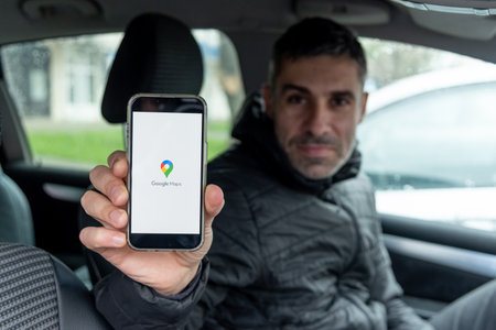 Bar, Montenegro, 12 January 2026, Smartphone navigator Google Maps app for driver