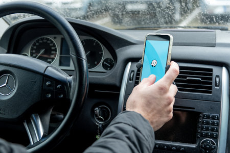 Bar, Montenegro, 12 January 2026, Smartphone navigator Waze Maps app for driver