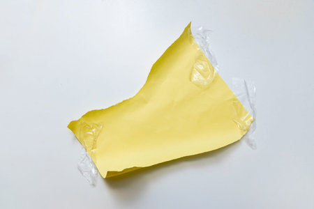 Crumpled yellow paper on isolated white background, taped textured sheets with torn edges and copy...