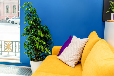 Colored soft pillows on the sofa, cozy interior of the hotel apartment living roomの写真素材