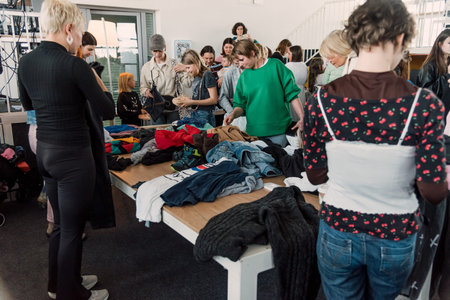 Bar, Montenegro, 8 March 2026, Swap second hand meet for resale, reuse and exchange of clothes and shoes, concept of conscious consumption, decluttering and underconsumption coreのeditorial素材