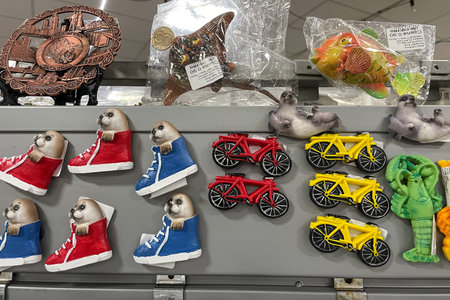 Bar, Montenegro, 5 March 2026, Souvenirs and accessories in the tourist shop marketのeditorial素材