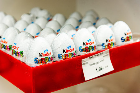 Bar, Montenegro, 22 August 2025, Kinder surprise eggs on the shelf of supermarket grocery store