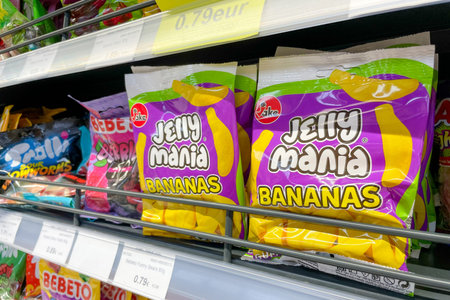 Bar, Montenegro, 17 October 2025, Marmalade jelly souffle sweets snacks on the shelf of the...
