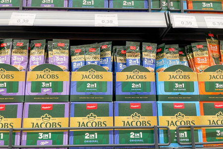 Bar, Montenegro, 17 October 2025, Jacobs coffee drink brand on the supermarket shelf