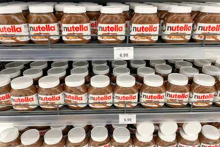 Bar, Montenegro, 17 October 2025, Nutella chocolate spread in the supermarket on the shelf