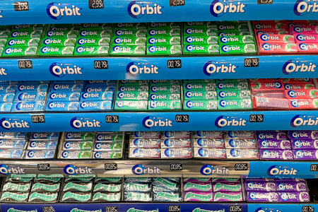Bar, Montenegro, 25 October 2025, Orbit chewing gum brand candy in the supermarket