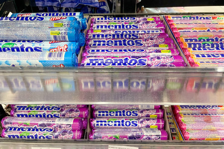 Bar, Montenegro, 25 October 2025, Mentos brand candy gummies in the supermarket