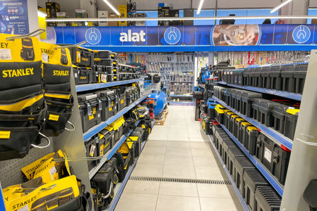 Bar, Montenegro, 25 July 2025, Construction repair tools sold in hardware store supermarketのeditorial素材