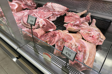 Bar, Montenegro, 30 October 2025, Raw meat in the refrigerator of supermarket butcher shopのeditorial素材