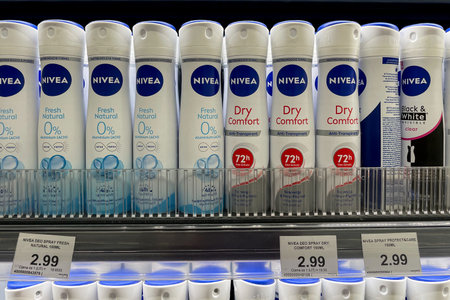 Bar, Montenegro, 30 October 2025, Nivea deodorant antiperspirant on the supermarket shelfのeditorial素材