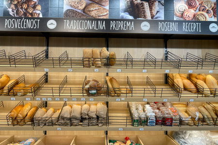 Bar, Montenegro, 10 January 2026, Fresh bread bakery pastries on supermarket shelf
