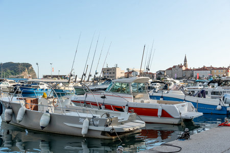 Budva, Montenegro, 2 November 2025, Tourist boats parked in port on the Adriatic Seaのeditorial素材