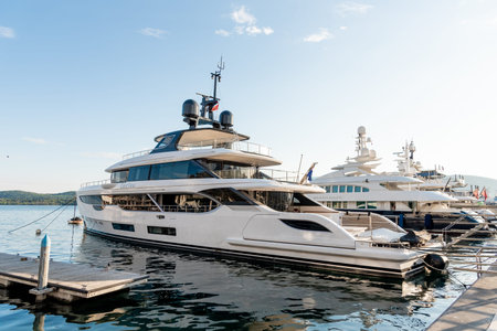 Tivat, Montenegro, 27 April 2025, yachts are parked in Porto Montenegro harbor