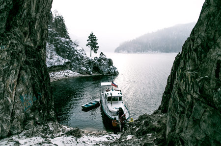 Krasnoyarsk, Russia, 14 January 2015, Yacht parking in the seaport, boats in the water of the lake,...