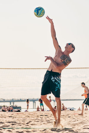 Saint Petersburg, Russia, 17 August 2019, People playing amateur beach volleyball outdoor summer...