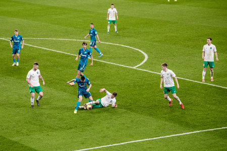 Saint Petersburg, Russia, 30 October 2019, Football match on the soccer field, fans are sitting in...