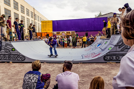 Saint Petersburg, Russian Federation, July 28, 2019: Skateboard contest is an outdoor competition in...