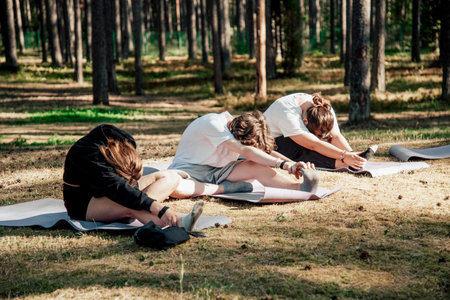 Saint Petersburg, Russia, 23 July 2020, Group peopl yoga on mat in park outside, sports development...