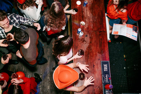 Saint Petersburg, Russia, 2 February 2019, Night party in club, people dancing on background of bright colored lights, nightclub for adultsのeditorial素材