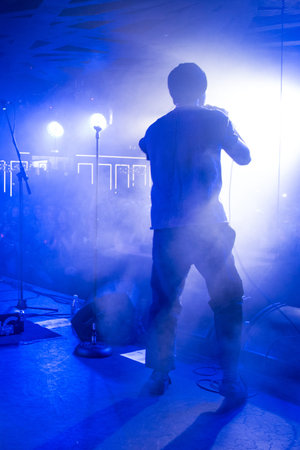 Krasnoyarsk, Russia, 25 May 2017, Man vocalist sing, musician singer performs at concert in...