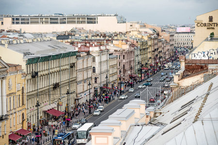 Saint Petersburg, Russia, 25 July 2019, View of wide avenues streets and rooftops from aboveのeditorial素材