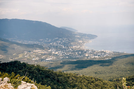 Yalta, Crimea, 22 July 2020, Bird's eye view of the city and the Black Sea panorama