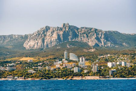 Yalta, Crimea, 6 August 2020, View of the cityscape panorama of the city from the Black Sea