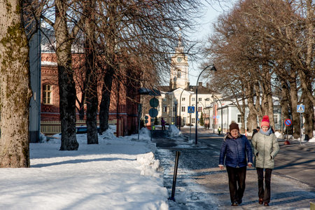 Kotka, Finland, 17 February 2019, City street on cloudy rainy day, deserted little town on an winter dayのeditorial素材