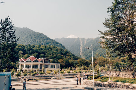 Tufandag, Azerbaijan, 23 August 2016, Hotels and restaurants in ski resort on sunny summer day