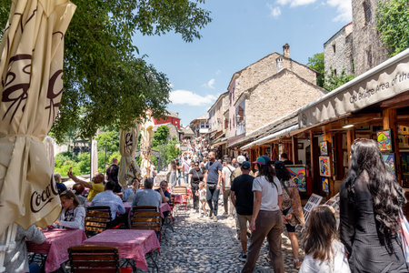 Mostar, Bosnia and Herzegovina, 25 May 2025, Panorama of the streets of the old townのeditorial素材
