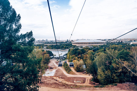 Moscow, Russia, 13 September 2019, Cable car with elevators travels from the top of the mountain...